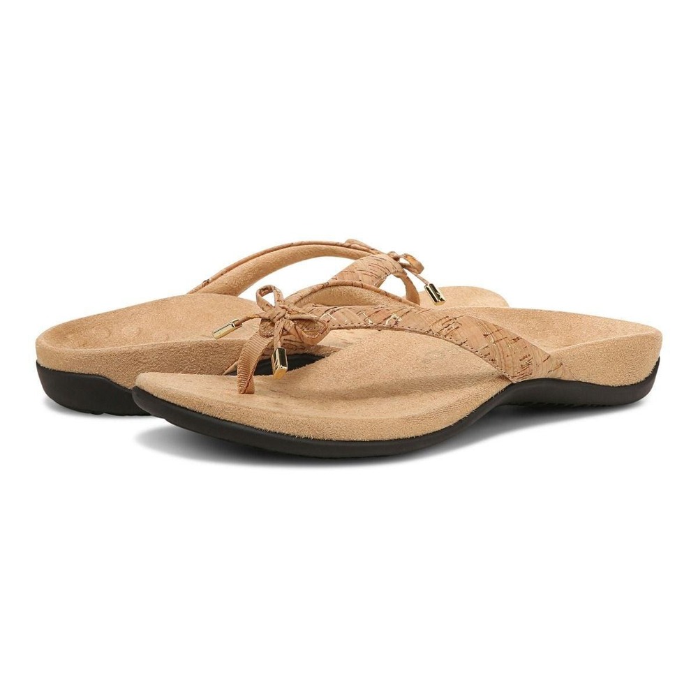 Vionic Bella Toe Post Sandal Women 11 Natural Cork Gold Bow Orthopedic Flip Flop